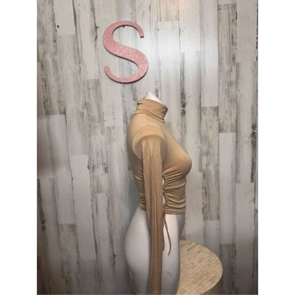 Forever 21 Tan Ruched Cutout Turtleneck Long Sleeve Crop Top Women’s Size Small - Picture 7 of 8